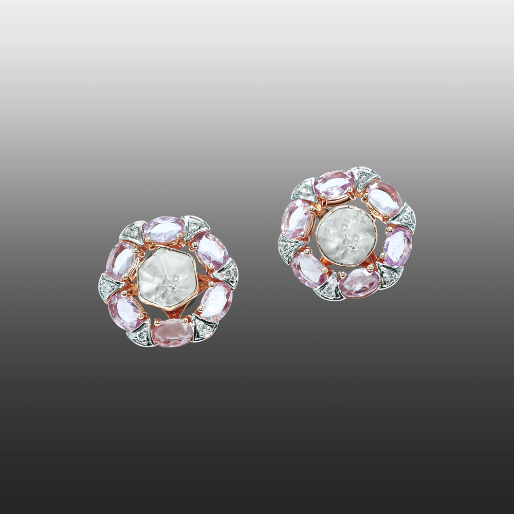 Polki Diamond Studs with Pink Sapphire Gem Halo and Pavé Detailing